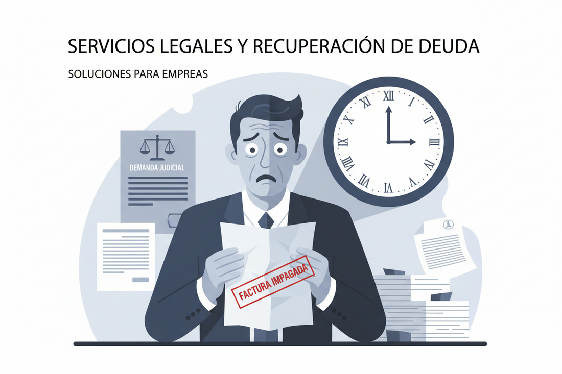 Empresario revisando una factura impagada con documentos legales sobre la mesa - recuperación de deudas comerciales
